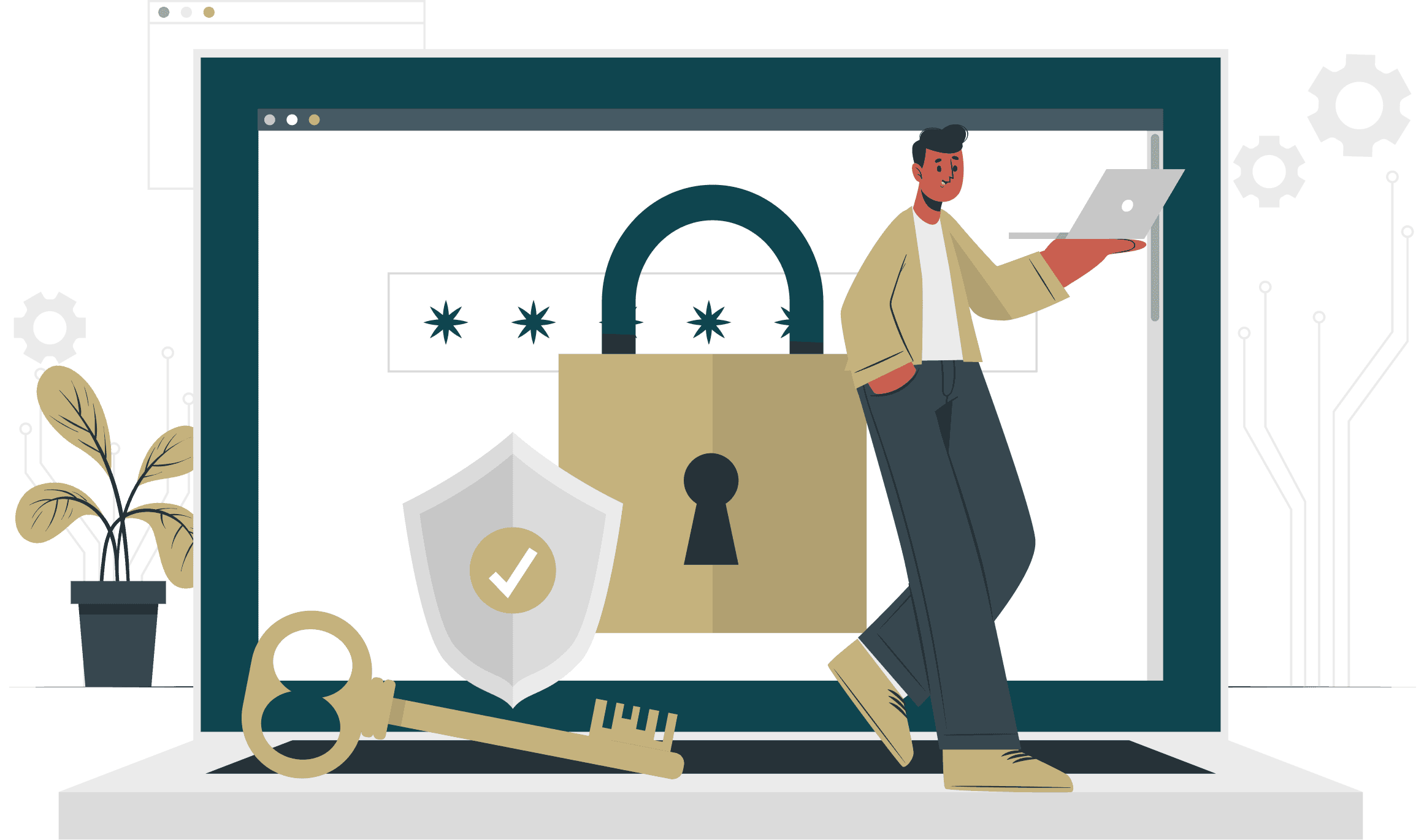 an illustration of man inserting money holding a secured wallet